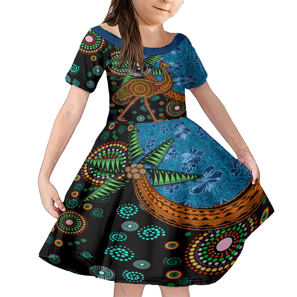 Fiji and Australia Family Matching Summer Maxi Dress and Hawaiian Shirt Palm Tree and Abogirinal Emu LT03 Daughter's Dress Blue - Polynesian Pride