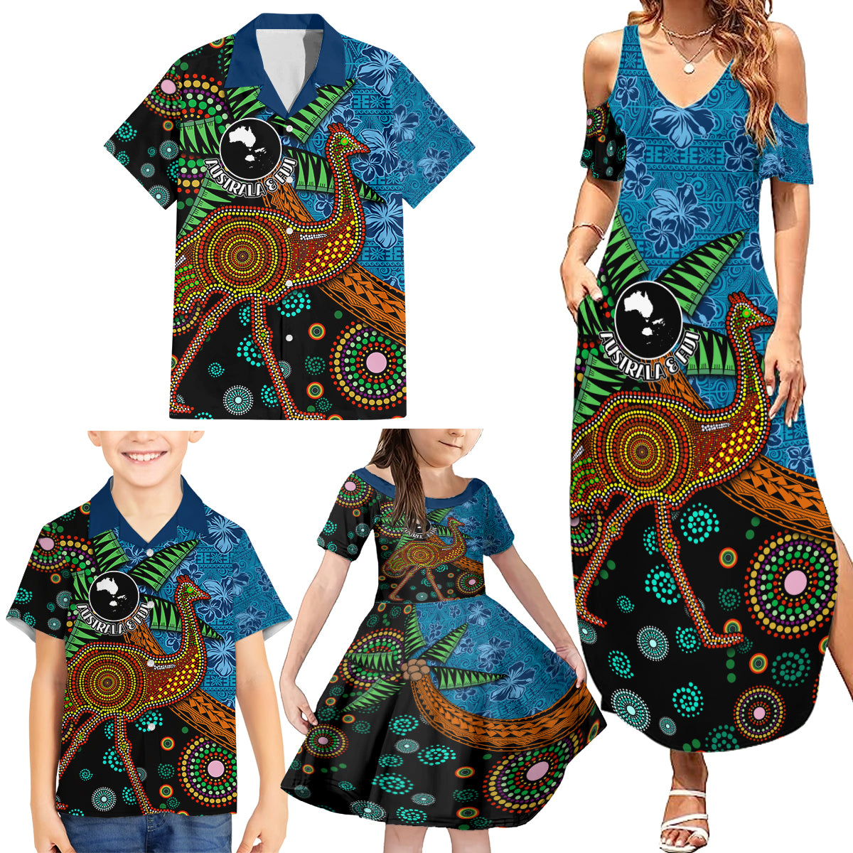 Fiji and Australia Family Matching Summer Maxi Dress and Hawaiian Shirt Palm Tree and Abogirinal Emu LT03 - Polynesian Pride