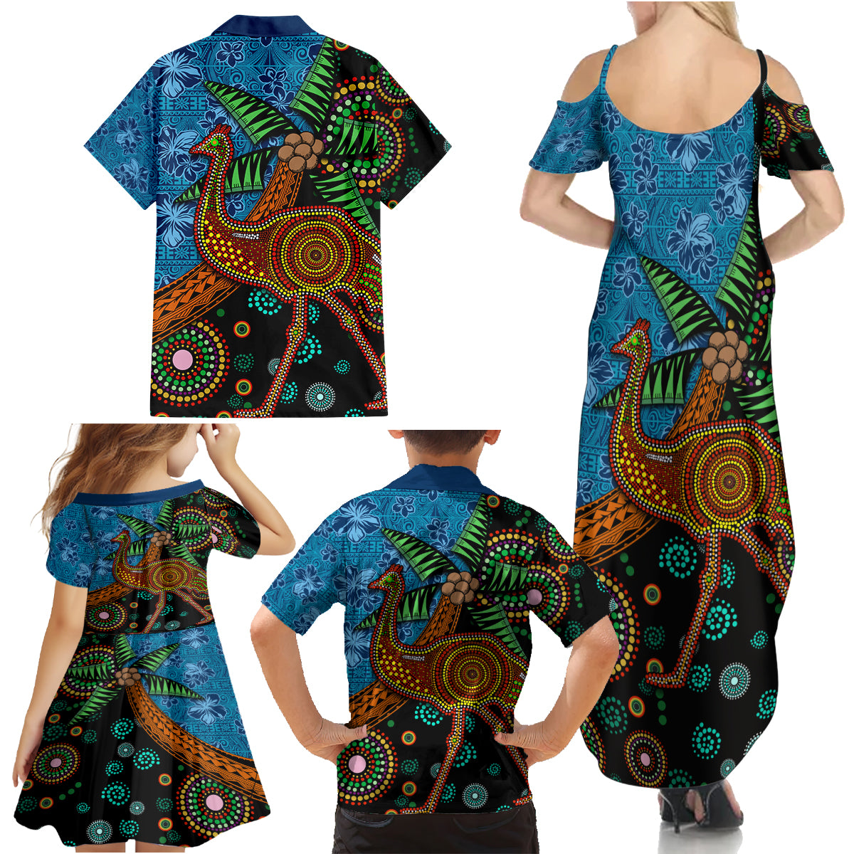 Fiji and Australia Family Matching Summer Maxi Dress and Hawaiian Shirt Palm Tree and Abogirinal Emu LT03 - Polynesian Pride