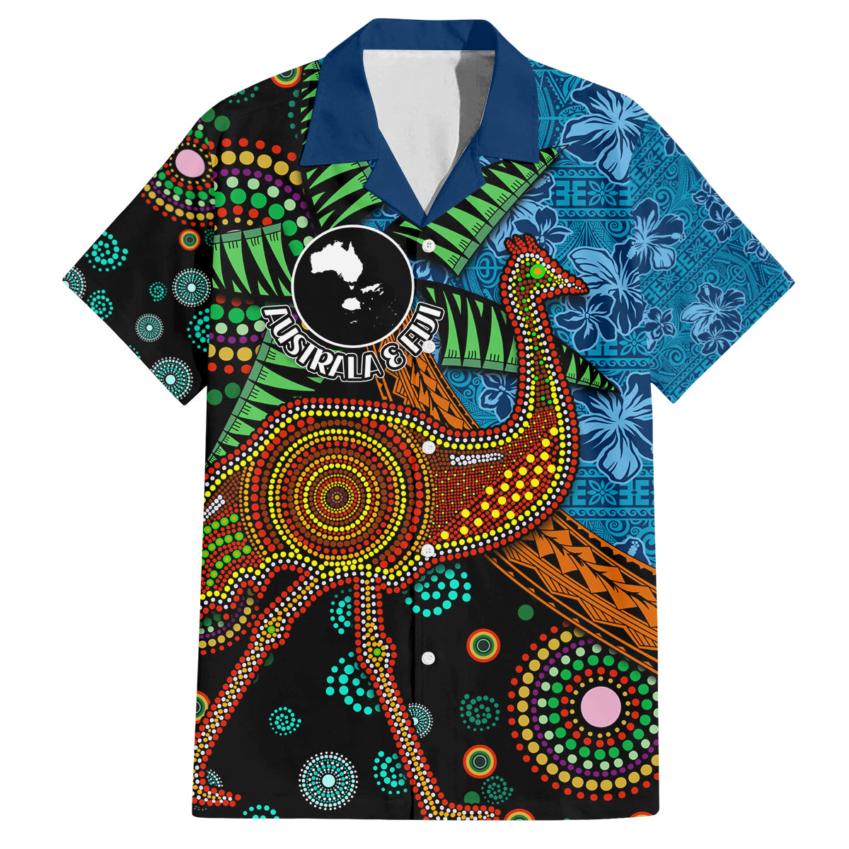 Fiji and Australia Family Matching Summer Maxi Dress and Hawaiian Shirt Palm Tree and Abogirinal Emu LT03 Dad's Shirt - Short Sleeve Blue - Polynesian Pride