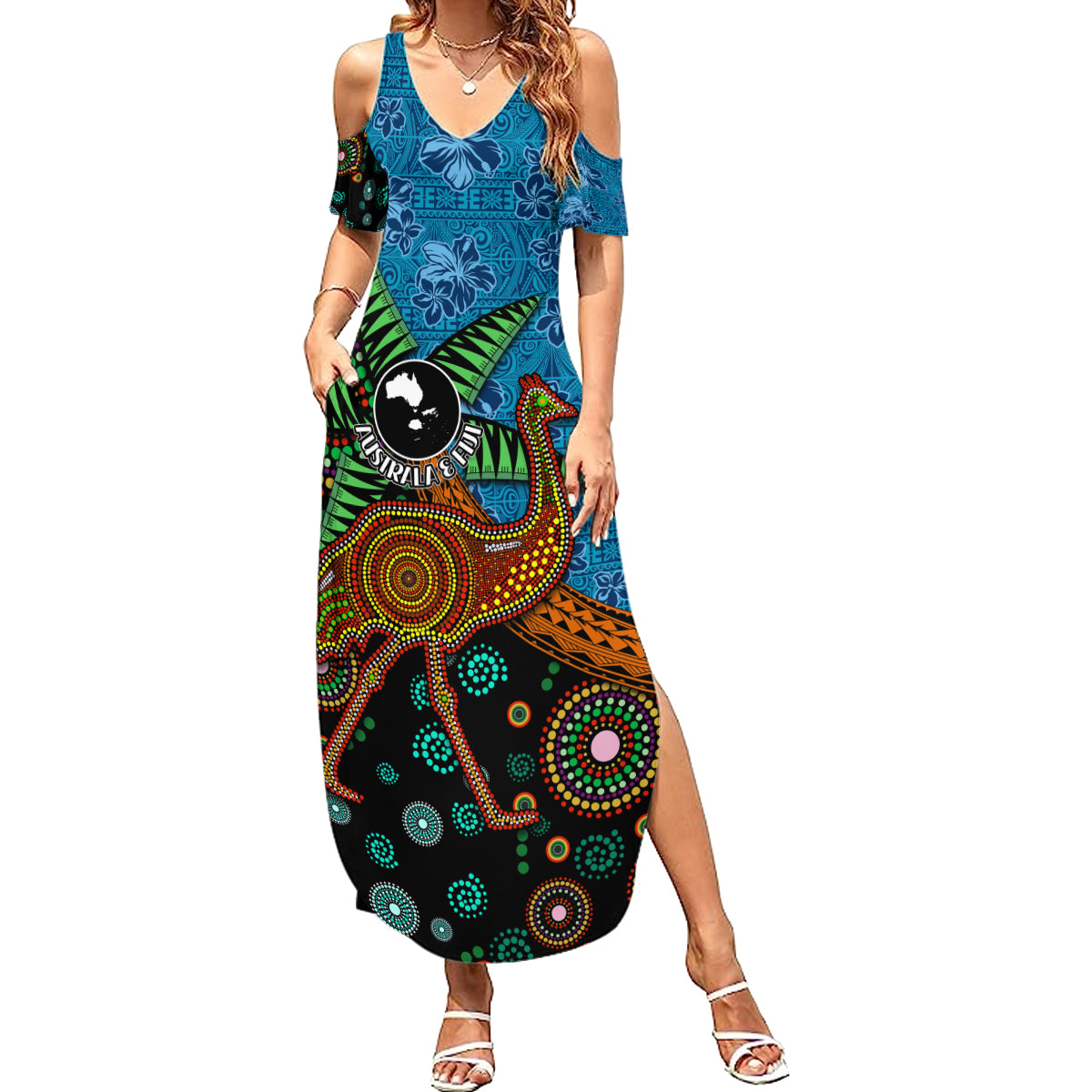 Fiji and Australia Family Matching Summer Maxi Dress and Hawaiian Shirt Palm Tree and Abogirinal Emu LT03 Mom's Dress Blue - Polynesian Pride