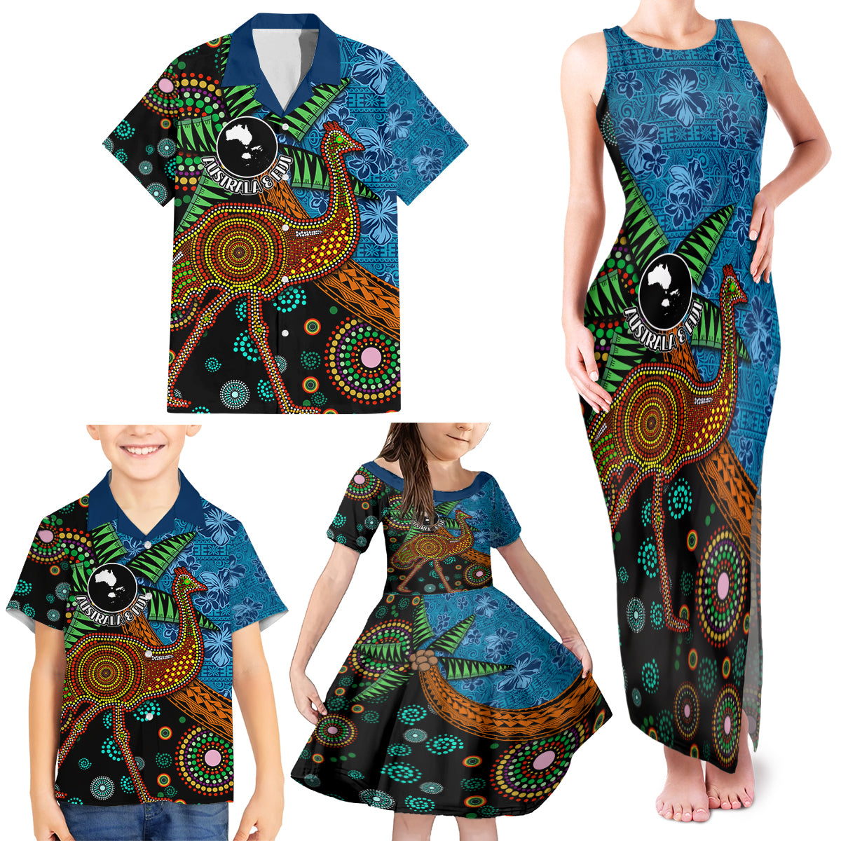 Fiji and Australia Family Matching Tank Maxi Dress and Hawaiian Shirt Palm Tree and Abogirinal Emu LT03 - Polynesian Pride