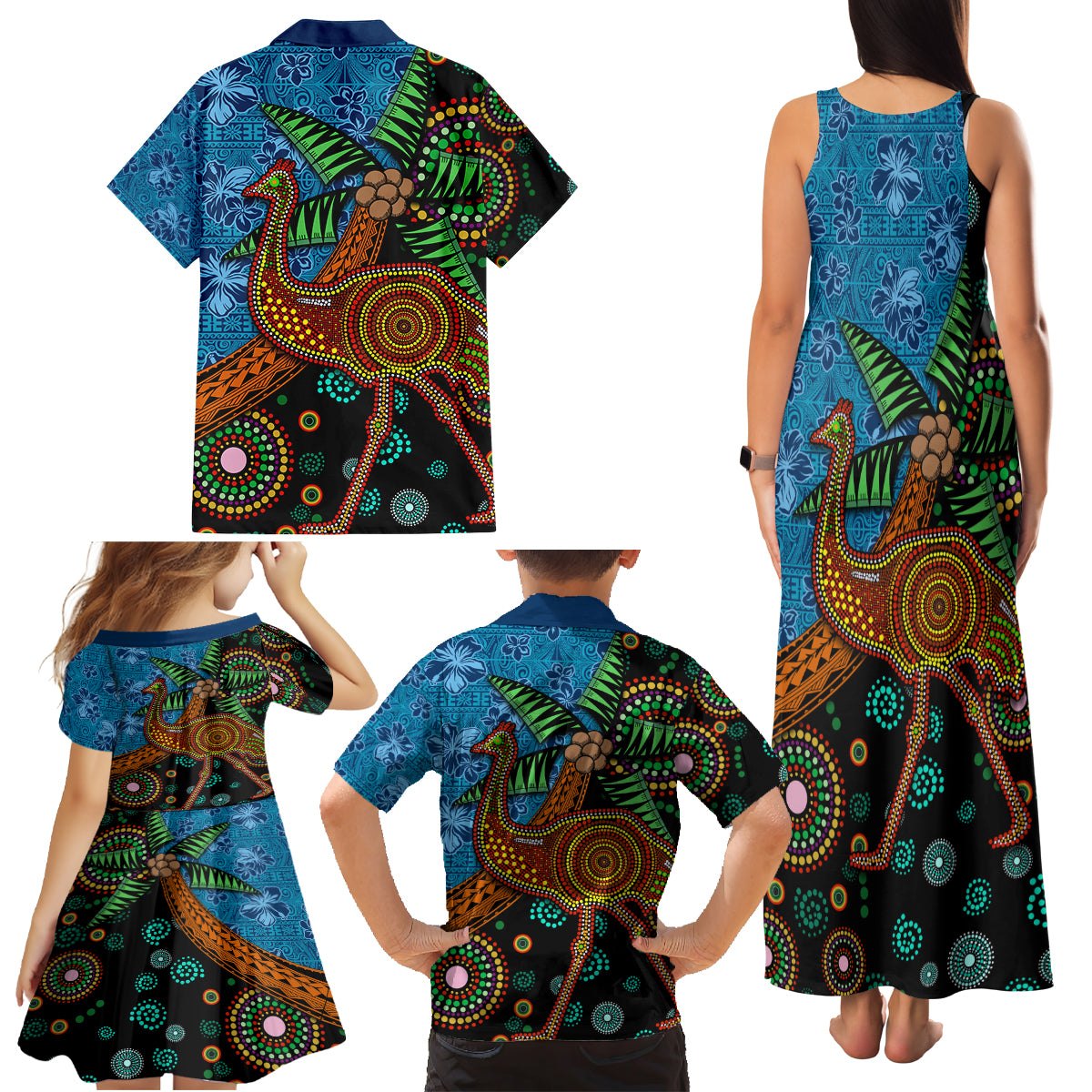 Fiji and Australia Family Matching Tank Maxi Dress and Hawaiian Shirt Palm Tree and Abogirinal Emu LT03 - Polynesian Pride