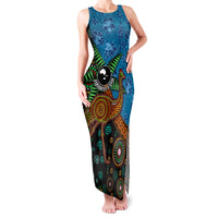 Fiji and Australia Family Matching Tank Maxi Dress and Hawaiian Shirt Palm Tree and Abogirinal Emu LT03 Mom's Dress Blue - Polynesian Pride