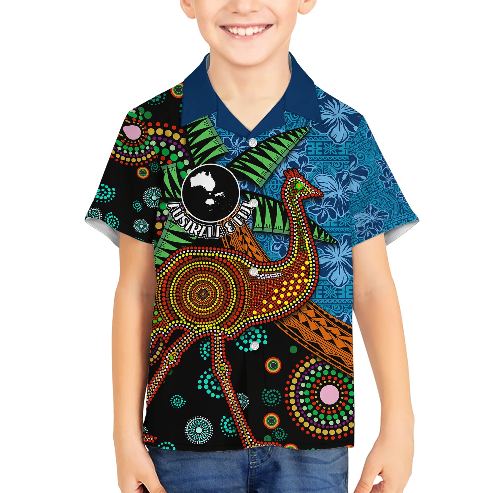 Fiji and Australia Kid Hawaiian Shirt Palm Tree and Abogirinal Emu LT03 Kid Blue - Polynesian Pride