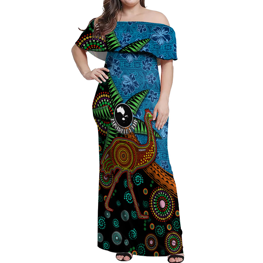 Fiji and Australia Off Shoulder Maxi Dress Palm Tree and Abogirinal Emu LT03 Women Blue - Polynesian Pride