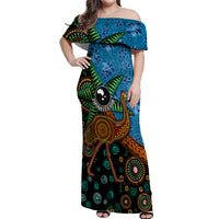 Fiji and Australia Off Shoulder Maxi Dress Palm Tree and Abogirinal Emu LT03 Women Blue - Polynesian Pride