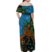 Fiji and Australia Off Shoulder Maxi Dress Palm Tree and Abogirinal Emu LT03 - Polynesian Pride