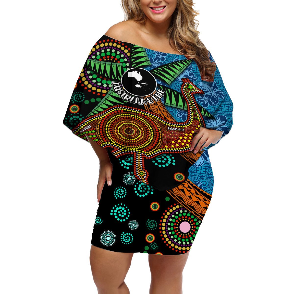 Fiji and Australia Off Shoulder Short Dress Palm Tree and Abogirinal Emu LT03 Women Blue - Polynesian Pride