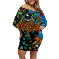 Fiji and Australia Off Shoulder Short Dress Palm Tree and Abogirinal Emu LT03 Women Blue - Polynesian Pride