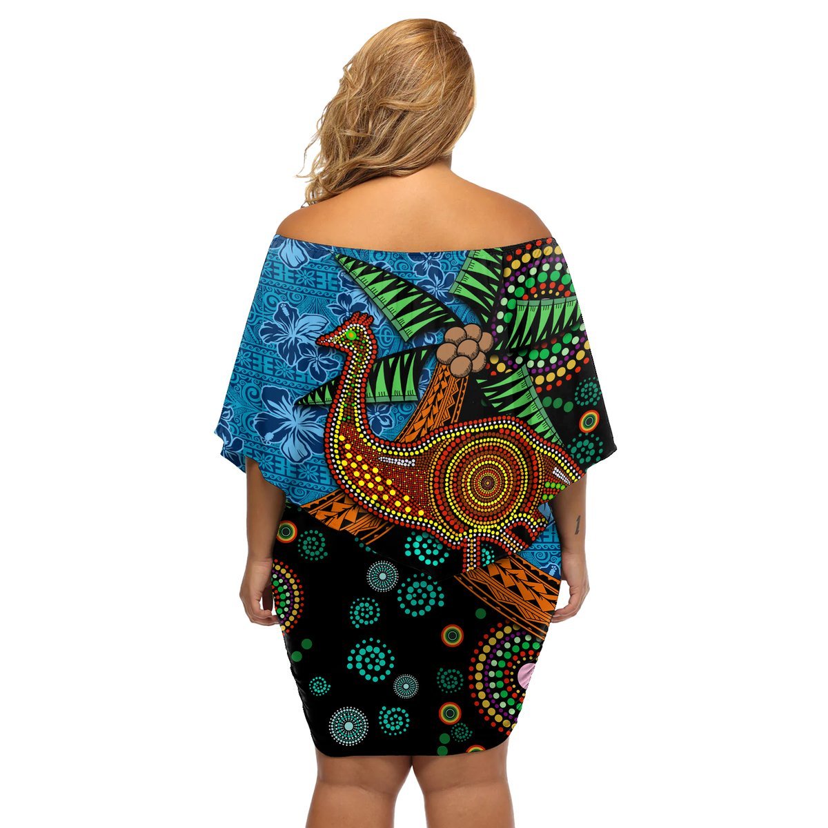Fiji and Australia Off Shoulder Short Dress Palm Tree and Abogirinal Emu LT03 - Polynesian Pride