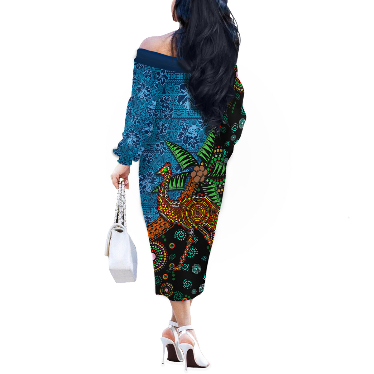 Fiji and Australia Off The Shoulder Long Sleeve Dress Palm Tree and Abogirinal Emu