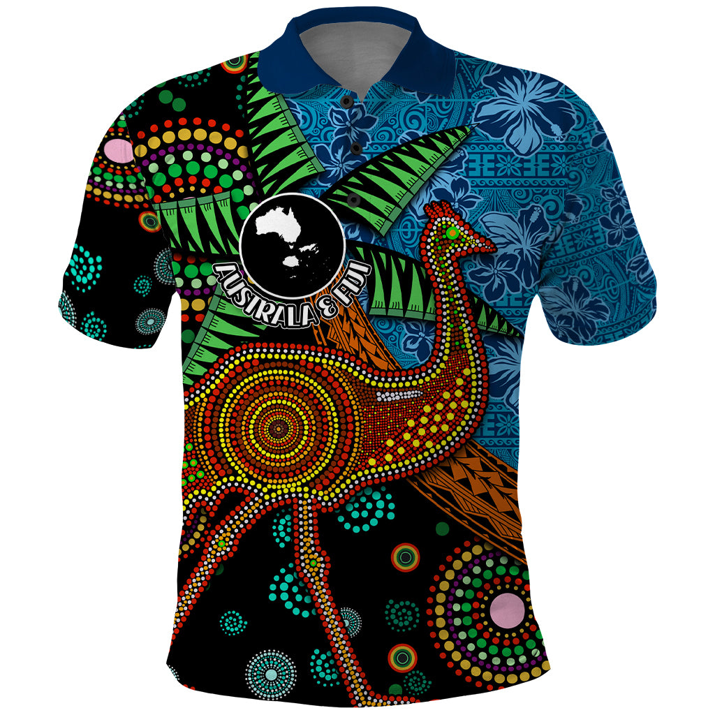 Fiji and Australia Polo Shirt Palm Tree and Abogirinal Emu LT03 Blue - Polynesian Pride