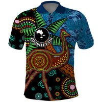 Fiji and Australia Polo Shirt Palm Tree and Abogirinal Emu LT03 Blue - Polynesian Pride