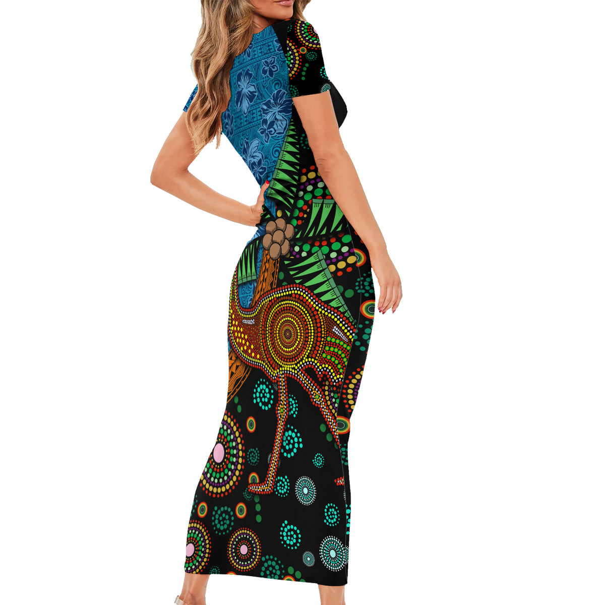 Fiji and Australia Short Sleeve Bodycon Dress Palm Tree and Abogirinal Emu