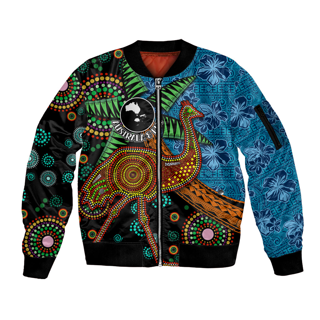 Fiji and Australia Sleeve Zip Bomber Jacket Palm Tree and Abogirinal Emu LT03 Unisex Blue - Polynesian Pride