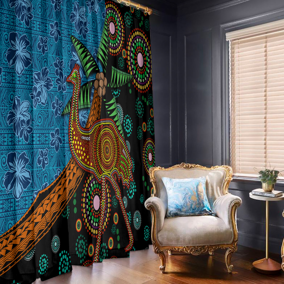 Fiji and Australia Window Curtain Palm Tree and Abogirinal Emu