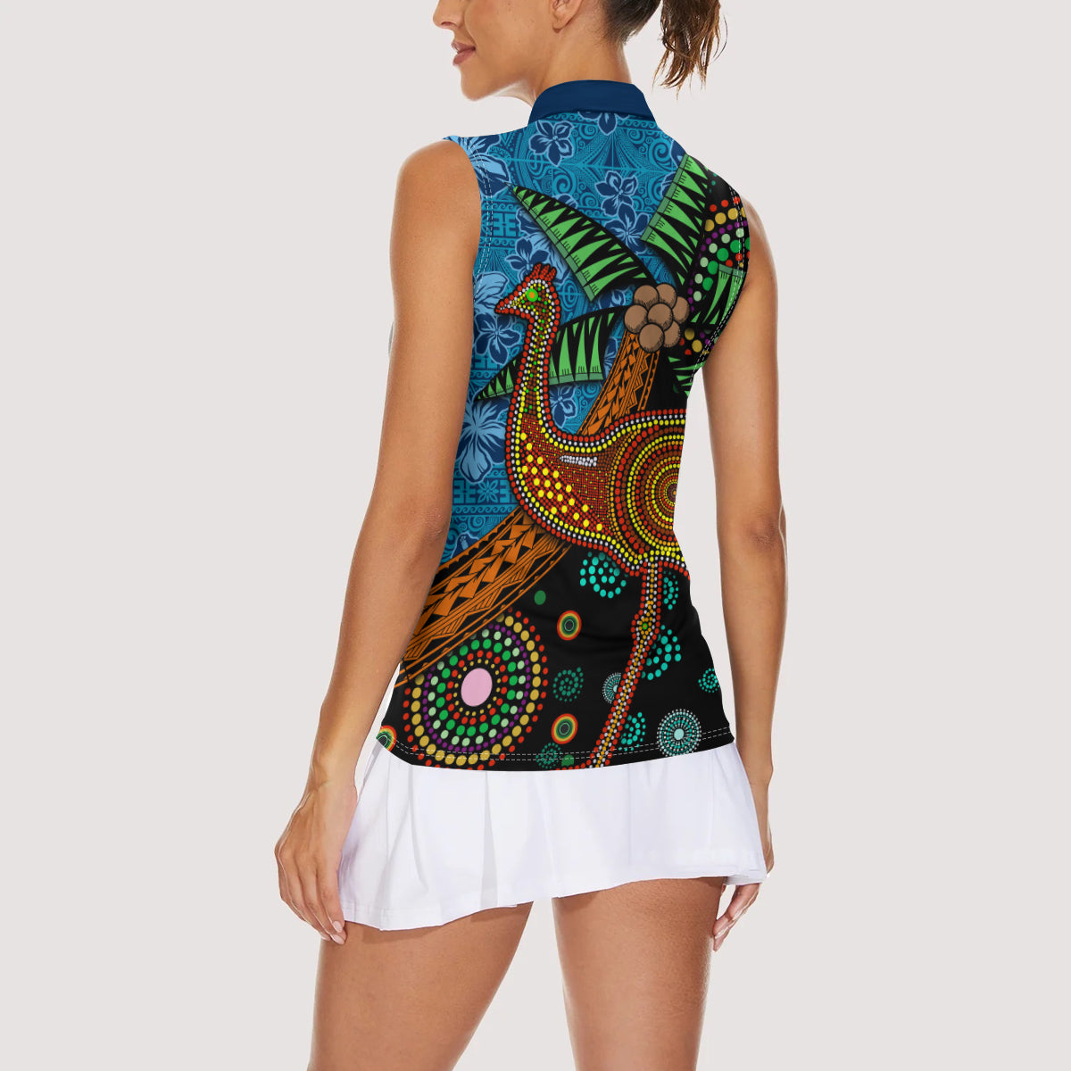 Fiji and Australia Women Sleeveless Polo Shirt Palm Tree and Abogirinal Emu
