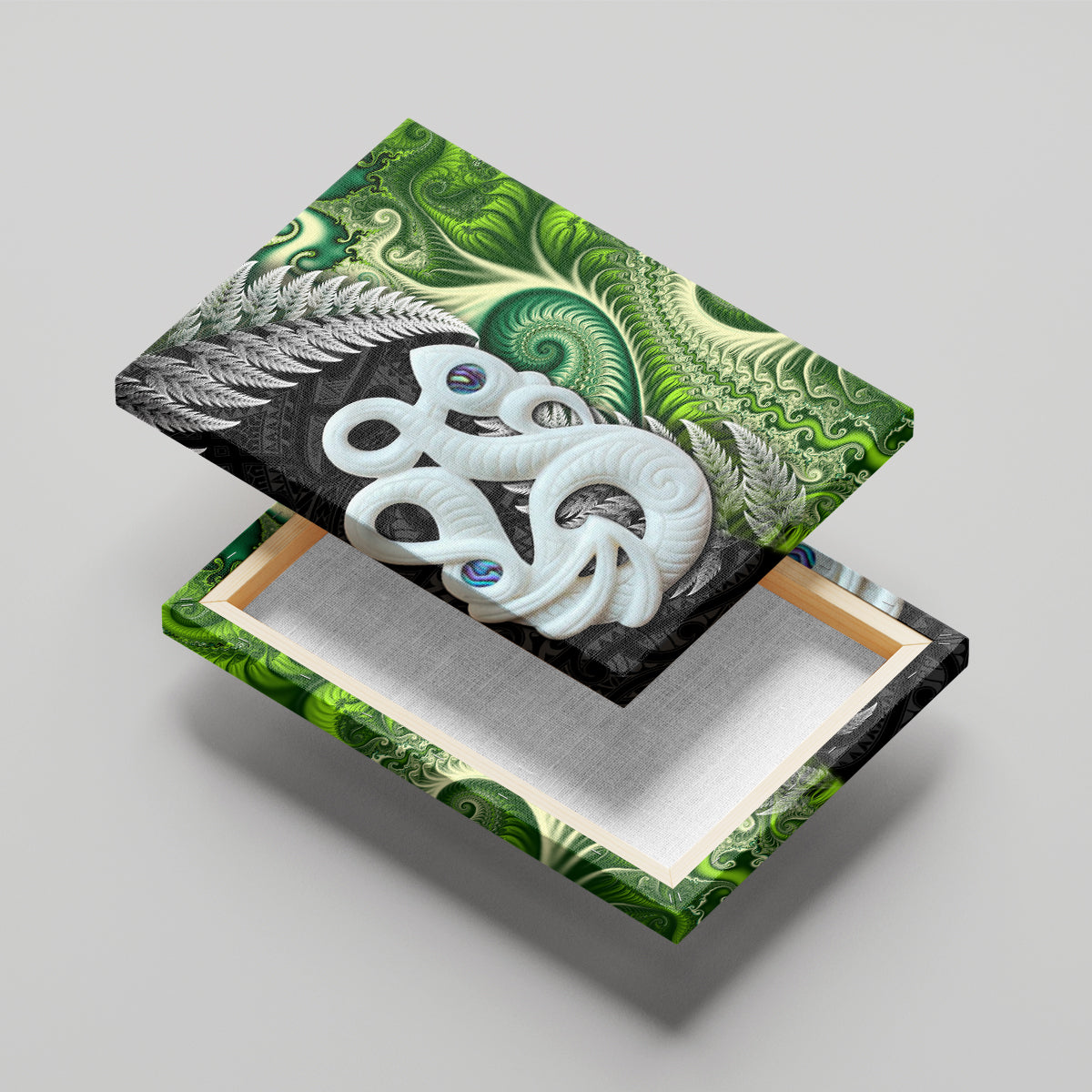 New Zealand Koru Natural Canvas Wall Art Manaia and Silver Fern Maori Pattern