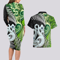 New Zealand Koru Natural Couples Matching Long Sleeve Bodycon Dress and Hawaiian Shirt Manaia and Silver Fern Maori Pattern LT03 - Polynesian Pride