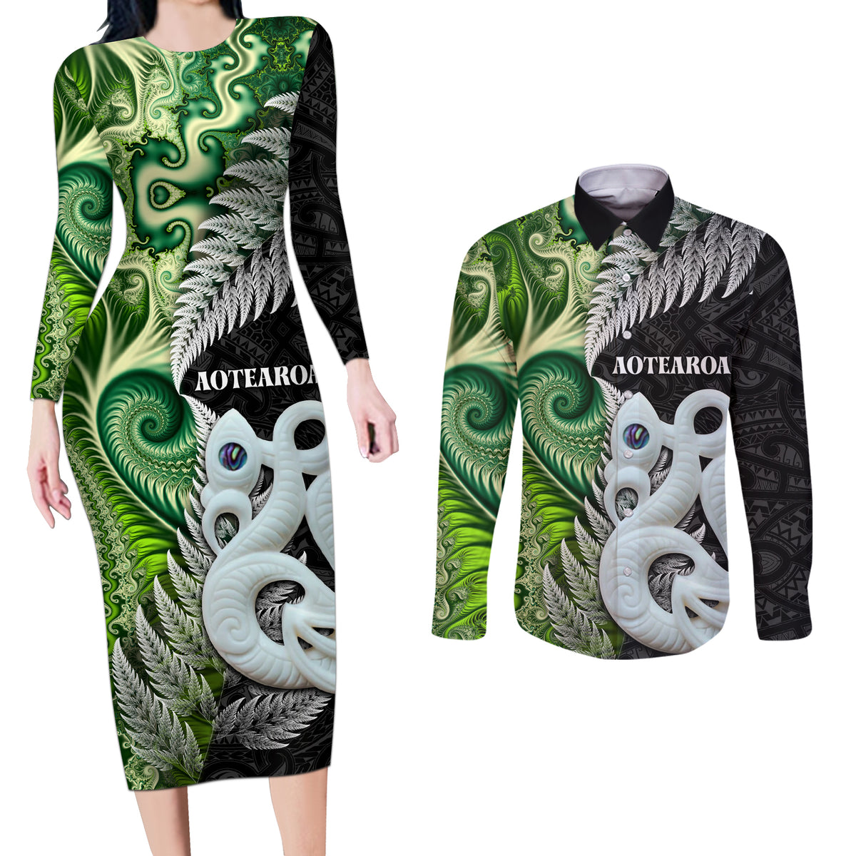 New Zealand Koru Natural Couples Matching Long Sleeve Bodycon Dress and Long Sleeve Button Shirt Manaia and Silver Fern Maori Pattern LT03 Black - Polynesian Pride