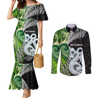 New Zealand Koru Natural Couples Matching Mermaid Dress and Long Sleeve Button Shirt Manaia and Silver Fern Maori Pattern LT03 Black - Polynesian Pride