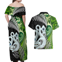 New Zealand Koru Natural Couples Matching Off Shoulder Maxi Dress and Hawaiian Shirt Manaia and Silver Fern Maori Pattern LT03 - Polynesian Pride