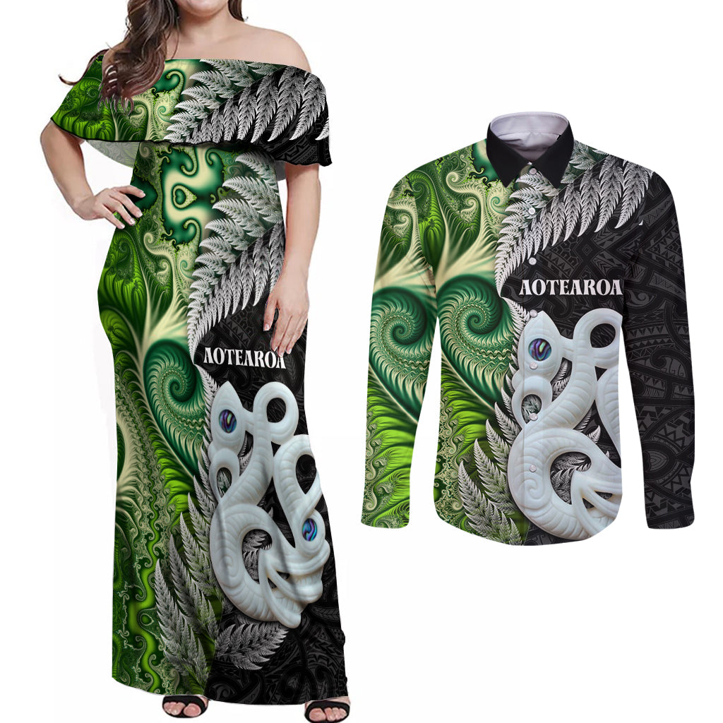 New Zealand Koru Natural Couples Matching Off Shoulder Maxi Dress and Long Sleeve Button Shirt Manaia and Silver Fern Maori Pattern LT03 Black - Polynesian Pride