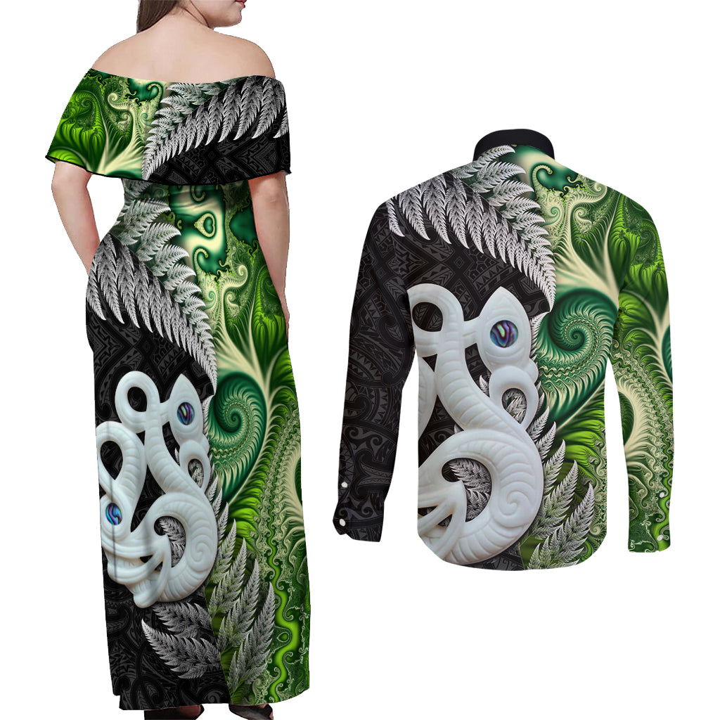 New Zealand Koru Natural Couples Matching Off Shoulder Maxi Dress and Long Sleeve Button Shirt Manaia and Silver Fern Maori Pattern LT03 - Polynesian Pride
