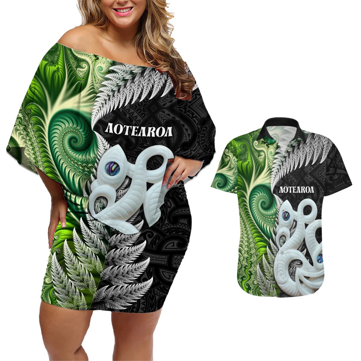 New Zealand Koru Natural Couples Matching Off Shoulder Short Dress and Hawaiian Shirt Manaia and Silver Fern Maori Pattern LT03 Black - Polynesian Pride