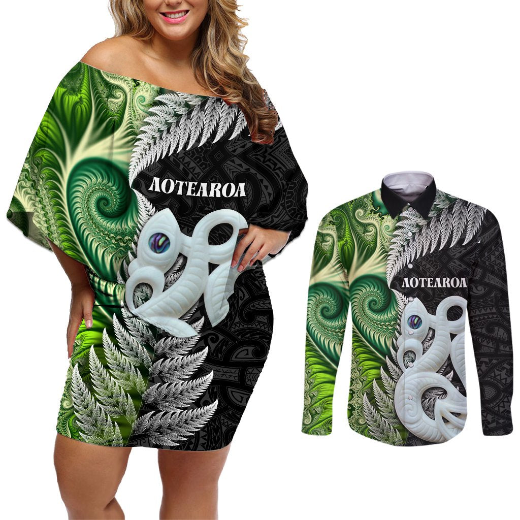 New Zealand Koru Natural Couples Matching Off Shoulder Short Dress and Long Sleeve Button Shirt Manaia and Silver Fern Maori Pattern LT03 Black - Polynesian Pride
