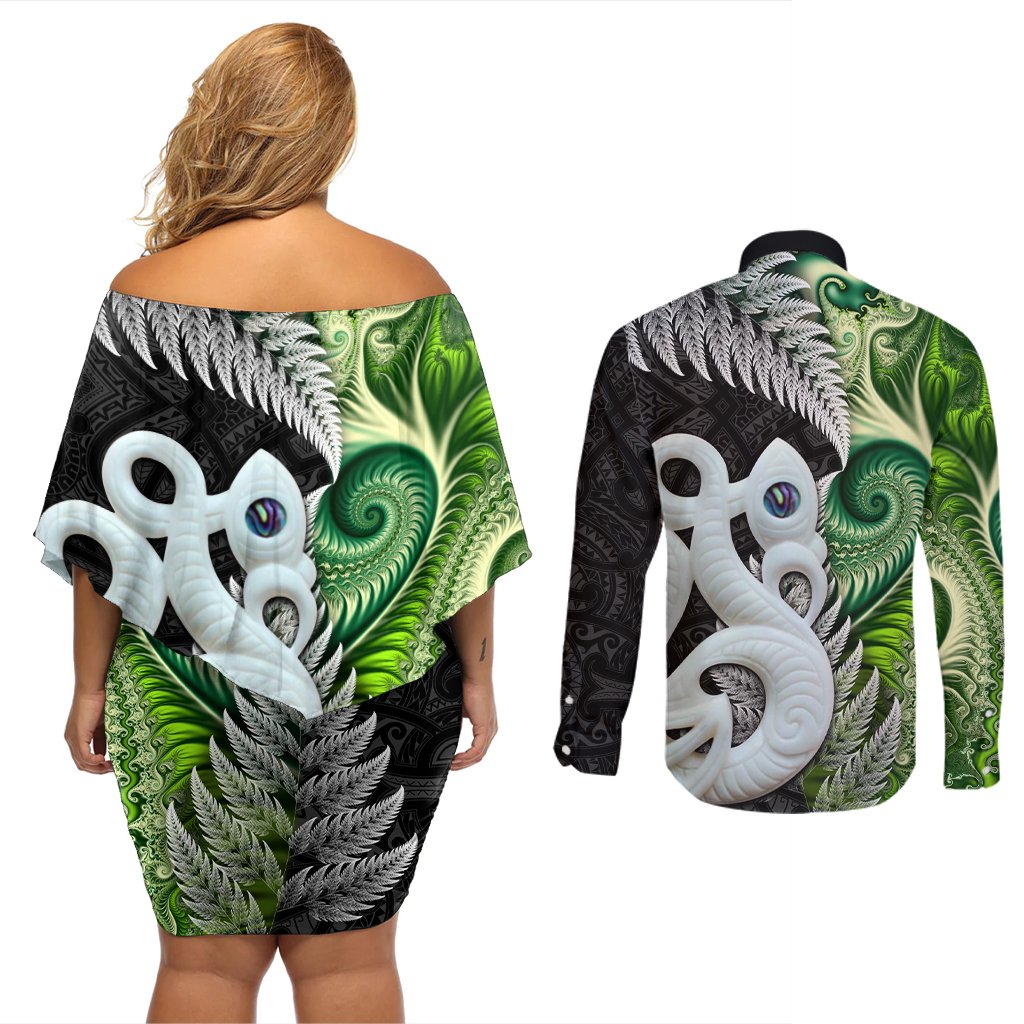 New Zealand Koru Natural Couples Matching Off Shoulder Short Dress and Long Sleeve Button Shirt Manaia and Silver Fern Maori Pattern LT03 - Polynesian Pride