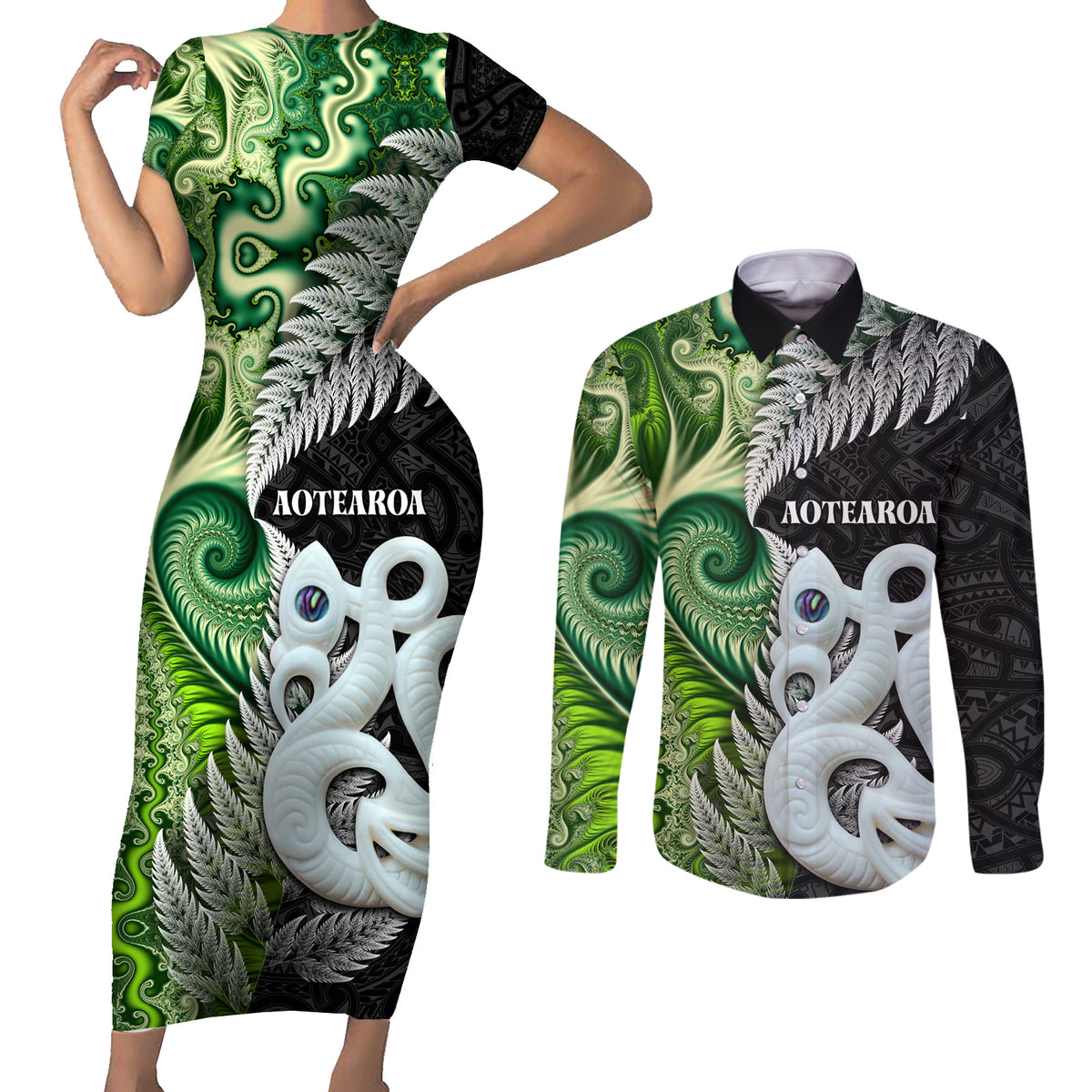 New Zealand Koru Natural Couples Matching Short Sleeve Bodycon Dress and Long Sleeve Button Shirt Manaia and Silver Fern Maori Pattern LT03 Black - Polynesian Pride