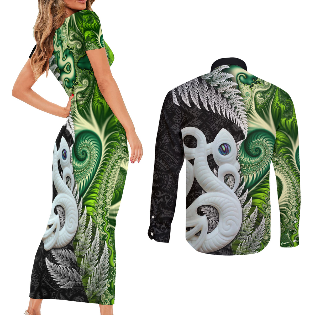 New Zealand Koru Natural Couples Matching Short Sleeve Bodycon Dress and Long Sleeve Button Shirt Manaia and Silver Fern Maori Pattern LT03 - Polynesian Pride
