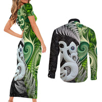 New Zealand Koru Natural Couples Matching Short Sleeve Bodycon Dress and Long Sleeve Button Shirt Manaia and Silver Fern Maori Pattern LT03 - Polynesian Pride