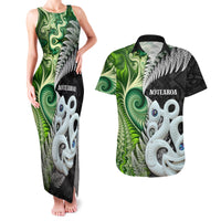 New Zealand Koru Natural Couples Matching Tank Maxi Dress and Hawaiian Shirt Manaia and Silver Fern Maori Pattern LT03 Black - Polynesian Pride