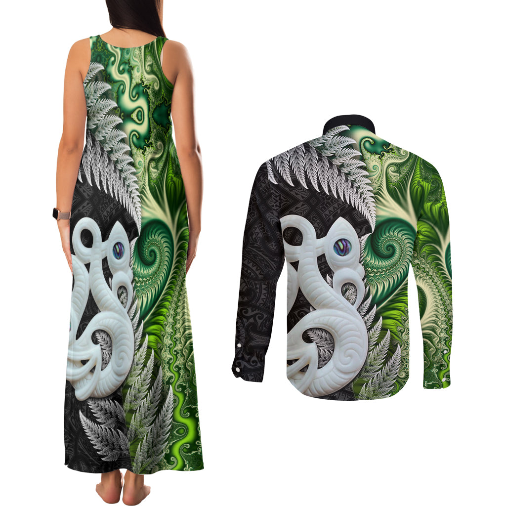 New Zealand Koru Natural Couples Matching Tank Maxi Dress and Long Sleeve Button Shirt Manaia and Silver Fern Maori Pattern LT03 - Polynesian Pride