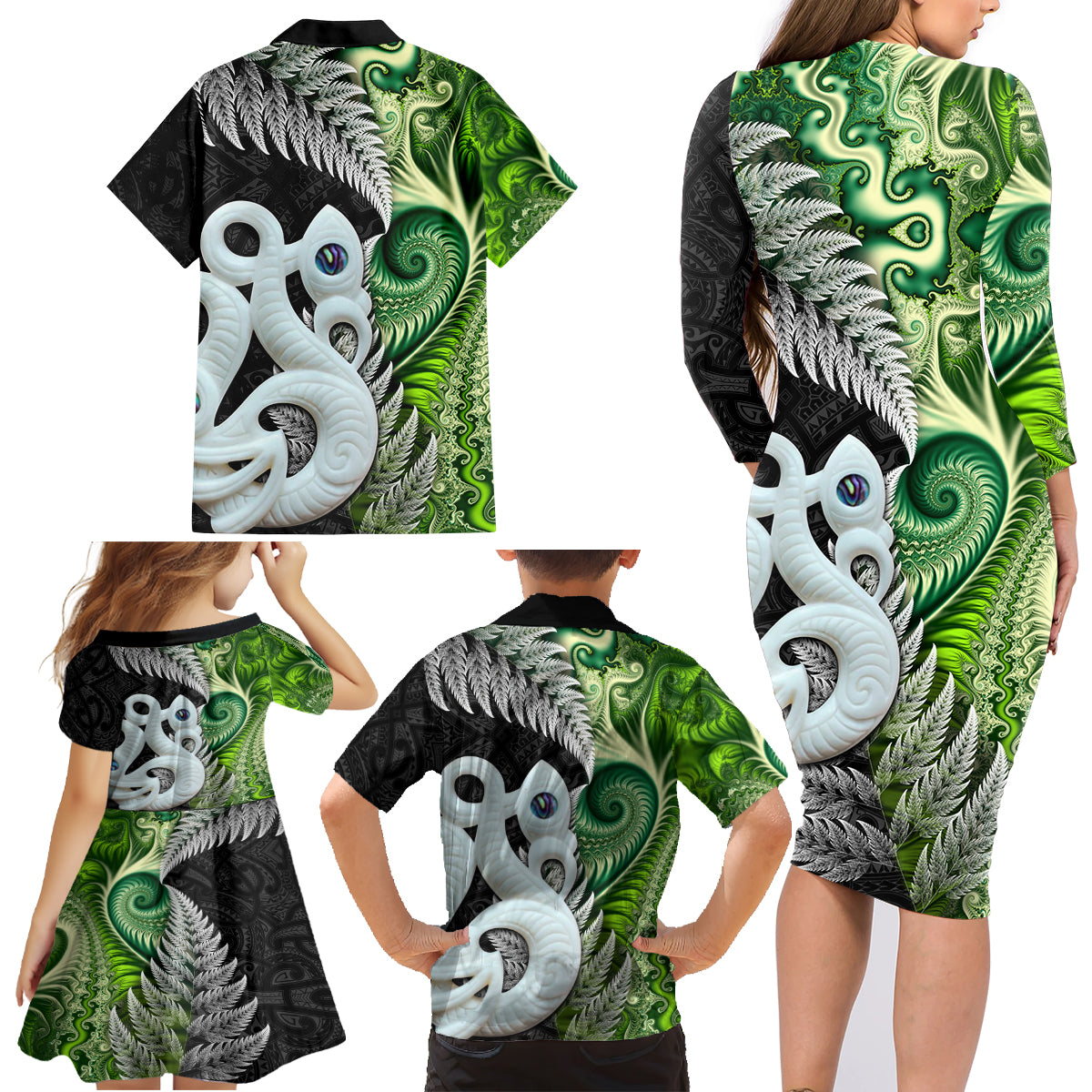 New Zealand Koru Natural Family Matching Long Sleeve Bodycon Dress and Hawaiian Shirt Manaia and Silver Fern Maori Pattern LT03 - Polynesian Pride