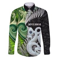 New Zealand Koru Natural Family Matching Mermaid Dress and Hawaiian Shirt Manaia and Silver Fern Maori Pattern LT03 Dad's Shirt - Long Sleeve Black - Polynesian Pride