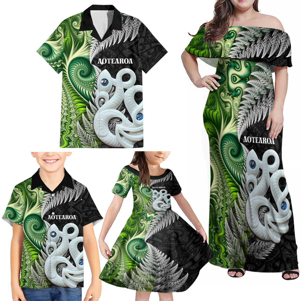 New Zealand Koru Natural Family Matching Off Shoulder Maxi Dress and Hawaiian Shirt Manaia and Silver Fern Maori Pattern LT03 - Polynesian Pride