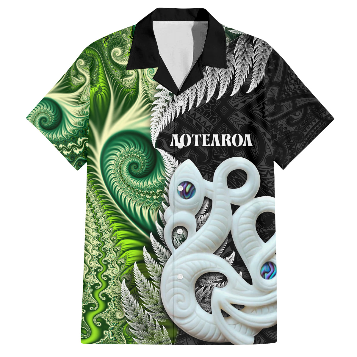 New Zealand Koru Natural Family Matching Off Shoulder Maxi Dress and Hawaiian Shirt Manaia and Silver Fern Maori Pattern LT03 Dad's Shirt - Short Sleeve Black - Polynesian Pride