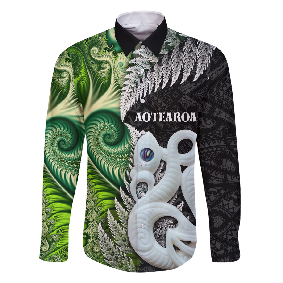 New Zealand Koru Natural Family Matching Off Shoulder Maxi Dress and Hawaiian Shirt Manaia and Silver Fern Maori Pattern LT03 Dad's Shirt - Long Sleeve Black - Polynesian Pride