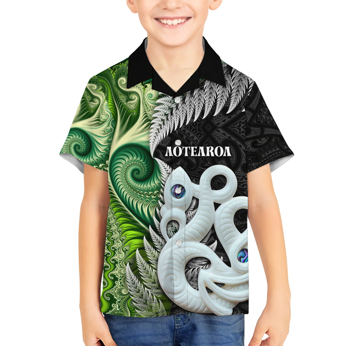 New Zealand Koru Natural Family Matching Off Shoulder Maxi Dress and Hawaiian Shirt Manaia and Silver Fern Maori Pattern LT03 Son's Shirt Black - Polynesian Pride