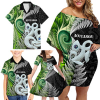New Zealand Koru Natural Family Matching Off Shoulder Short Dress and Hawaiian Shirt Manaia and Silver Fern Maori Pattern LT03 - Polynesian Pride