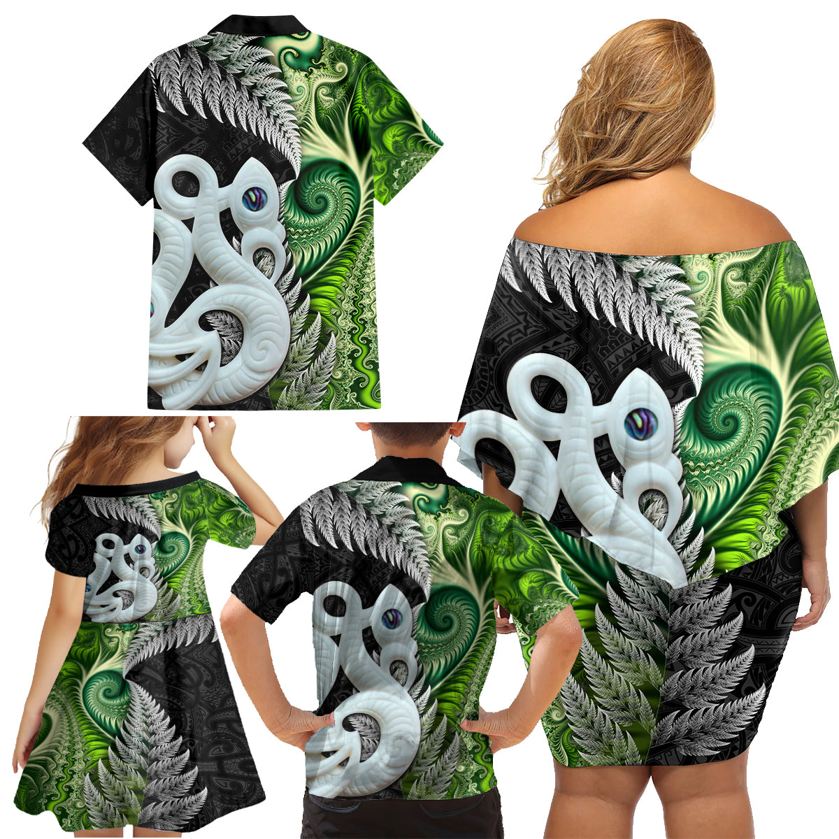 New Zealand Koru Natural Family Matching Off Shoulder Short Dress and Hawaiian Shirt Manaia and Silver Fern Maori Pattern LT03 - Polynesian Pride
