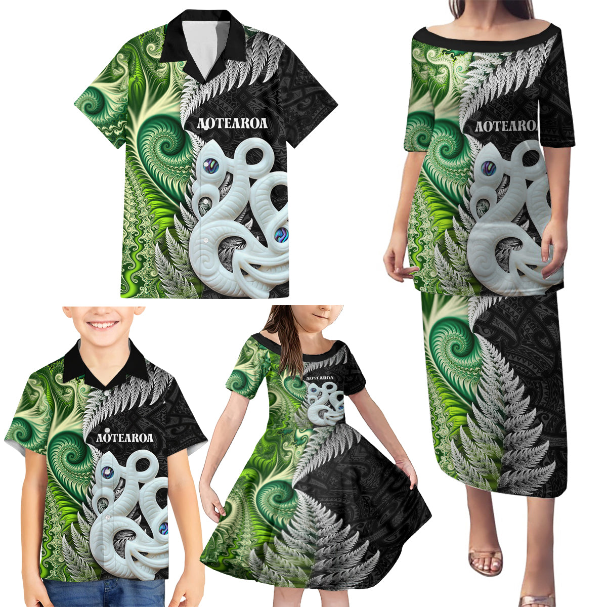 New Zealand Koru Natural Family Matching Puletasi and Hawaiian Shirt Manaia and Silver Fern Maori Pattern LT03 - Polynesian Pride