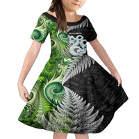 New Zealand Koru Natural Family Matching Short Sleeve Bodycon Dress and Hawaiian Shirt Manaia and Silver Fern Maori Pattern LT03 Daughter's Dress Black - Polynesian Pride