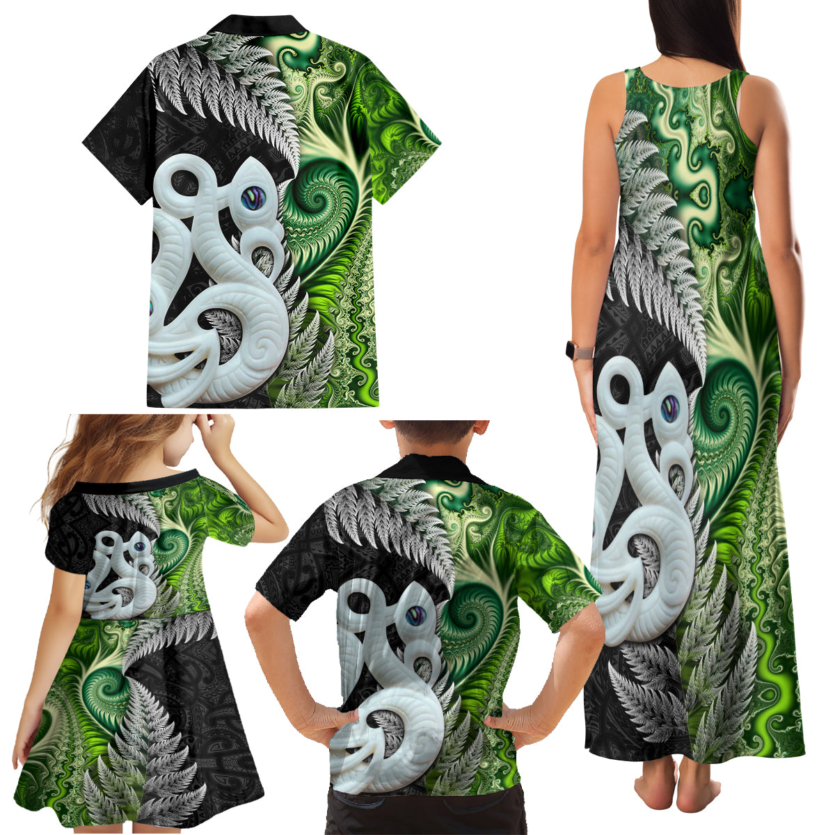 New Zealand Koru Natural Family Matching Tank Maxi Dress and Hawaiian Shirt Manaia and Silver Fern Maori Pattern LT03 - Polynesian Pride
