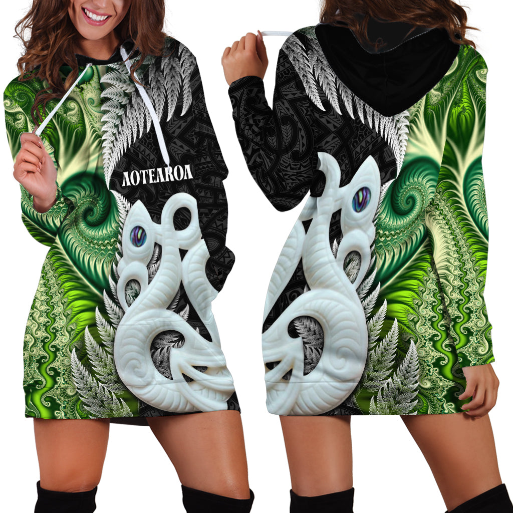 New Zealand Koru Natural Hoodie Dress Manaia and Silver Fern Maori Pattern LT03 - Polynesian Pride