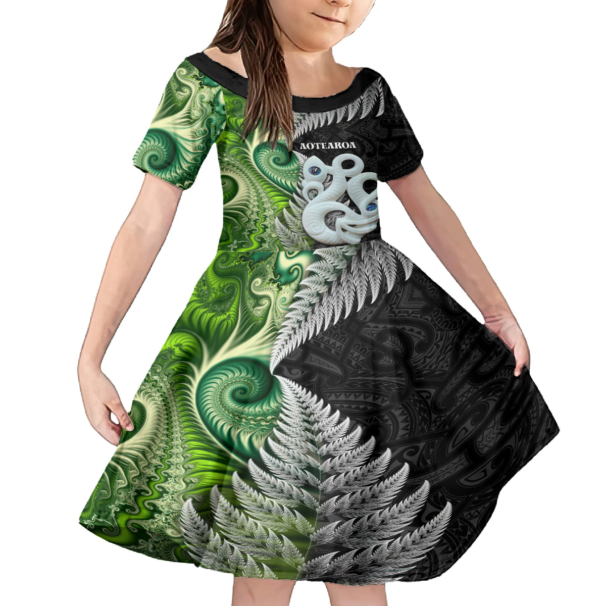 New Zealand Koru Natural Kid Short Sleeve Dress Manaia and Silver Fern Maori Pattern LT03 KID Black - Polynesian Pride